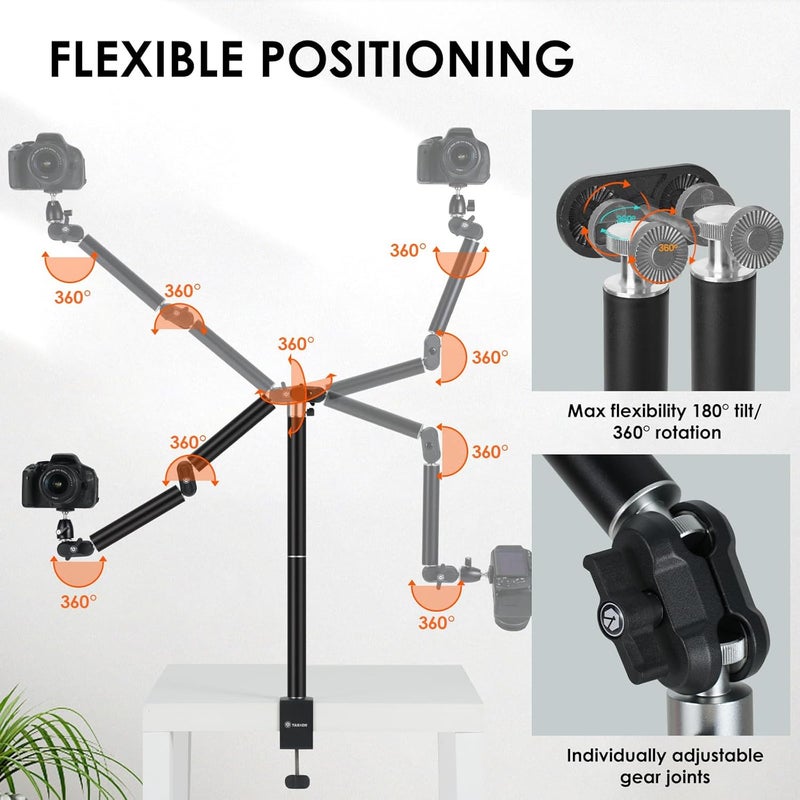 TARION Camera Desk Mount Stand Overhead: Articulated Camera Arm Clamp 3/8'' 1/4'' Screws Adjustable Table Mount Flexible Gear Joints for DSLR, Phone, Projector TKA01-L (Upgraded Version) - Image 2